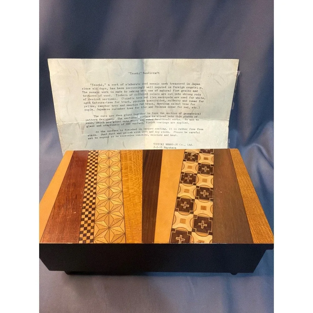 Vintage Yoseki Zaiku Japanese Wood Mosaic Music Jewelry Box Tsuyuki Mokko-Jo Co